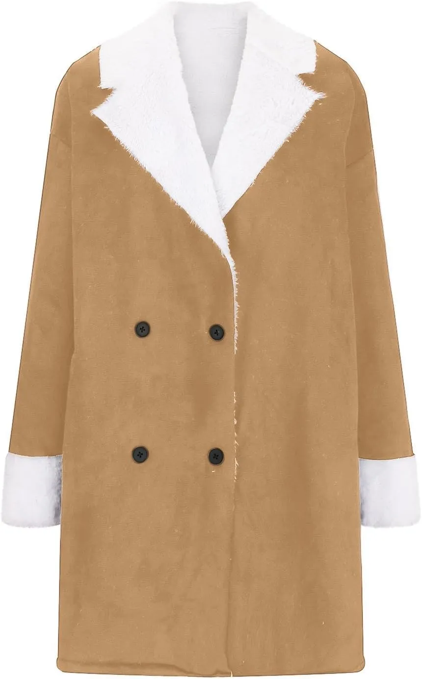 XUNRYAN Womens Trench Coats Long Sherpa Fleece Suede Jacket Notch Lapel Blazer Winter Warm Cardigan Anorak Parka Outerwear