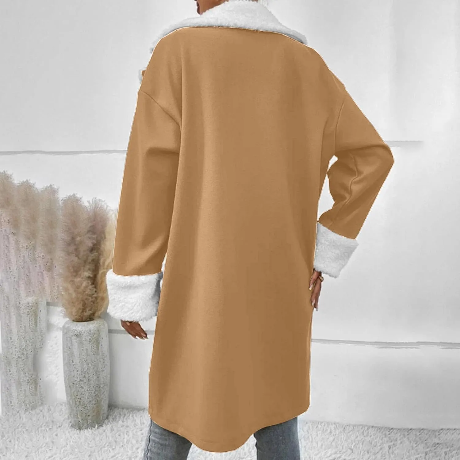 XUNRYAN Womens Trench Coats Long Sherpa Fleece Suede Jacket Notch Lapel Blazer Winter Warm Cardigan Anorak Parka Outerwear