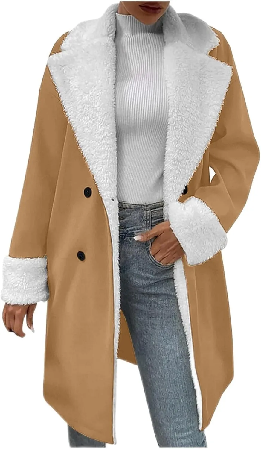 XUNRYAN Womens Trench Coats Long Sherpa Fleece Suede Jacket Notch Lapel Blazer Winter Warm Cardigan Anorak Parka Outerwear