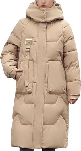 XUNRYAN Womens Winter Warm Down Coat Zip Up Puffer Jackets Maxi Long Hooded Thicken Casual Ski Outdoor Parka Anorak Overcoat
